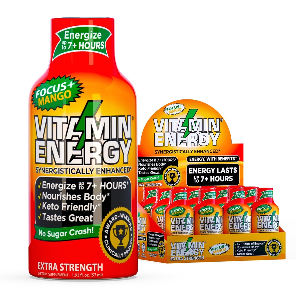 Vitamin Energy Focus + Extra Síla Energy Shot Mango 12 Pack, 260mg přírodní kofein, B-vitaminy, CoQ10, aminokyseliny, Focus, Productivity & Clarity, Nulový cukr, gluten- Free, 1.93 fl oz