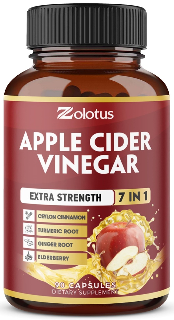 Zolotus 7 v 1 Apple Cider Ocet Kapsle, 3 Měsíční Dodávka s Ceylon Skořice, Zázvor Root, Kurkuma, Bezinky pro Supports Digestion, Imunitní, 90 Kapsle