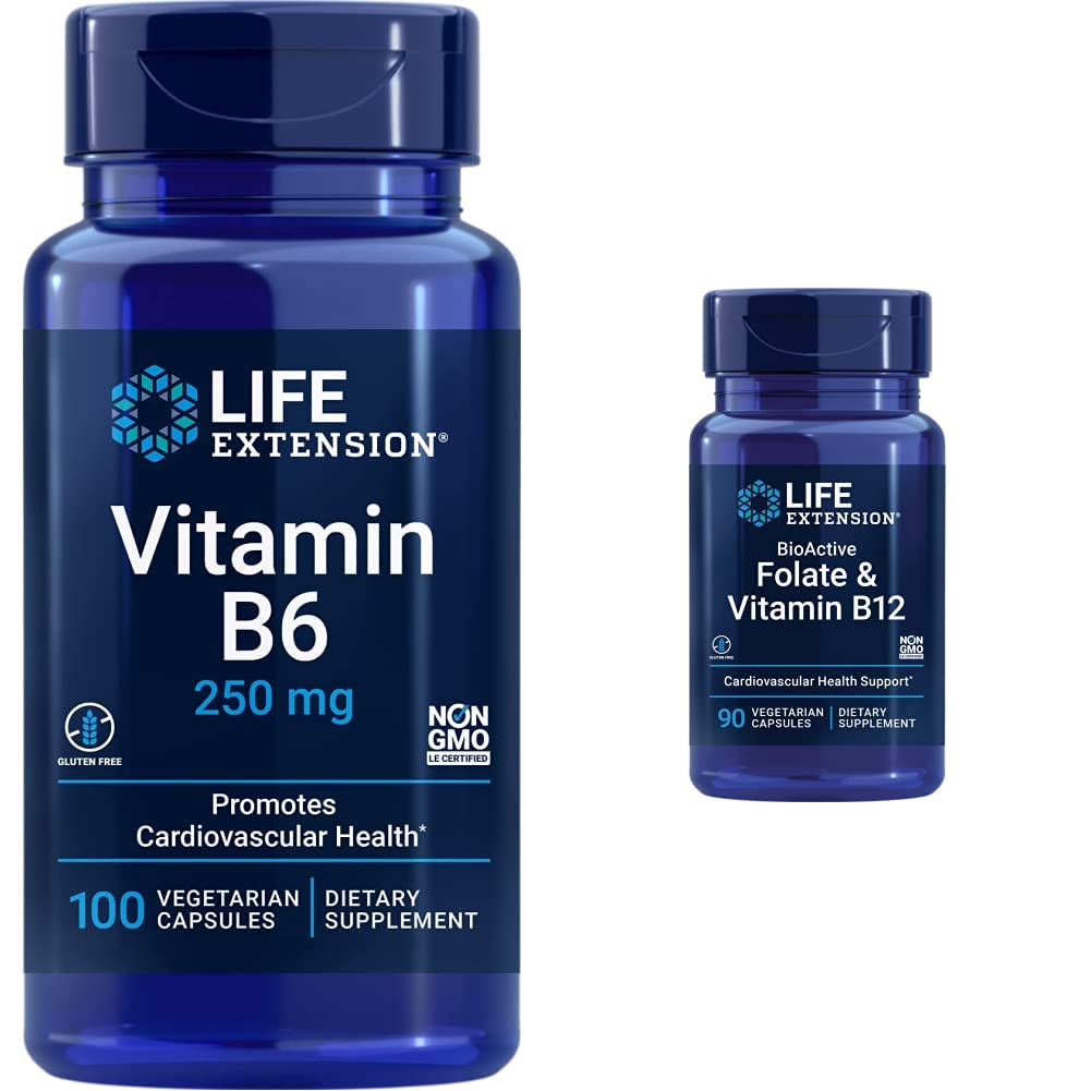 Life Extension Vitamin B6 250 mg, 100 Vegetariánských kapslí & Folát & Vitamin B12, Vegetariánské kapslí, Bílé, 90 Počet