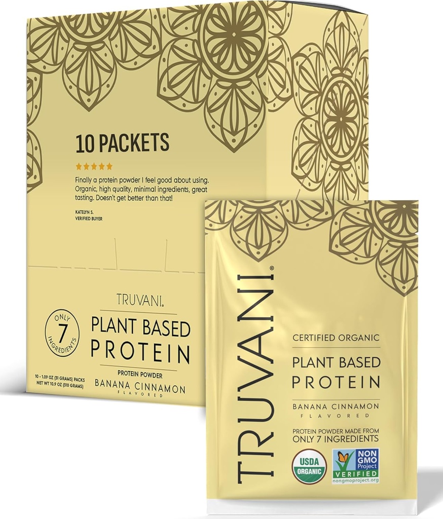 Truvani Vegan Pea Protein Powder 124; Banana Skořice 124; 20g Organic Plant Based Protein 124; Single Serving Travel Packets 124; 10 Servings Sw124; Keto Sw124; Gluten & Dairy Free Sw124; Low Carb Sw124; No Add Sugar