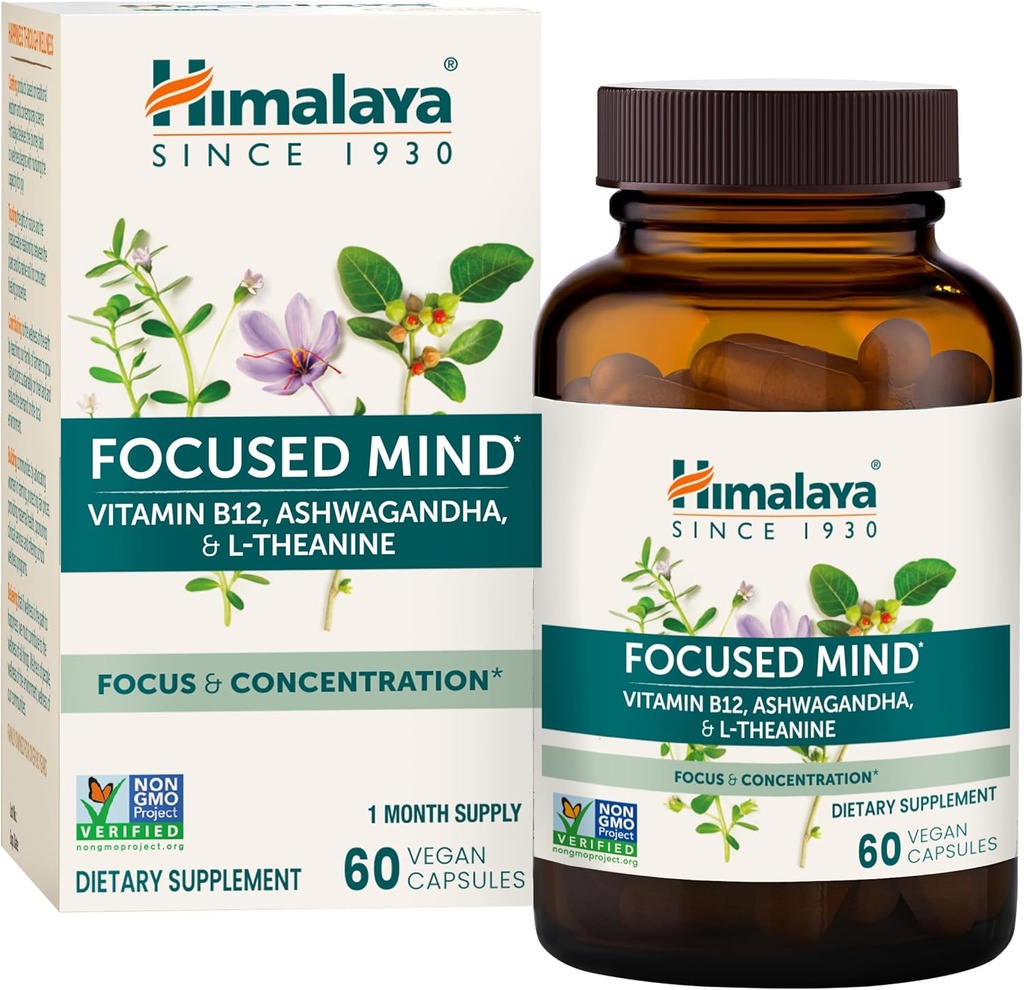 Himalaya Focused Mind with Ashwagandha, Bacopa & L-Theanine for Focus, Energy and Attention, 60 Kapsle, 1 měsíc dodávky, Vegan, gluten zdarma
