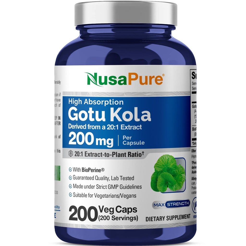 NusaPure Gotu Kola Kapsle 20: 1 Extract, 200 mg Ekvivalentní s 4000mg per Veggie Caps, 200 Počet, Non- GMO, Vegan, Bioperin - Tradiční Herb Extract