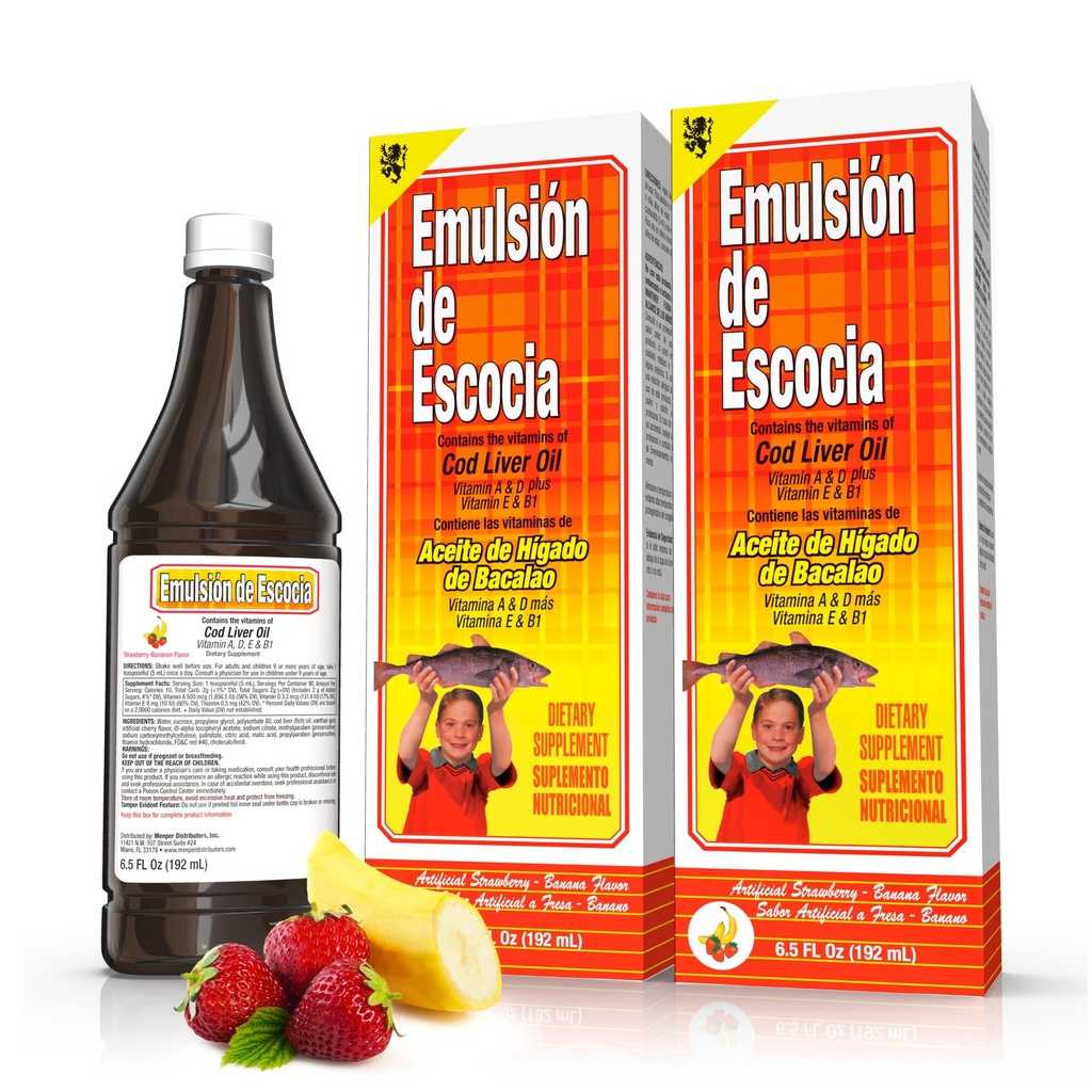 Emulsión de Escocia Cod Jaterní olej Tekutý dodatek s vitaminy A, D, E & B1 - Přírodní rybí olej Omega 3 pro děti a dospělé - Delicious Strawberry Banana Flavor - 6.5 oz (2-Pack)
