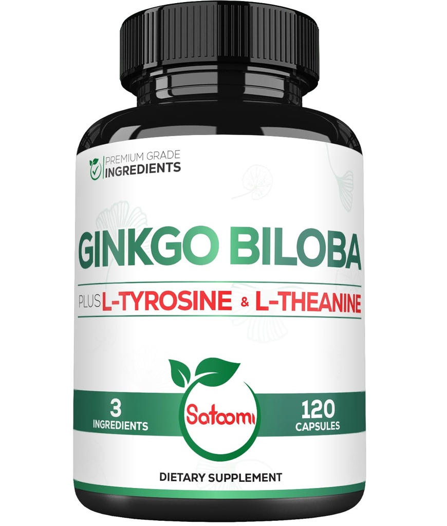 1000mg Ginkgo Biloba Doplňky s L- Tyrosin, L- Theanine - 120 Kapsle pro 2- měsíční dodávky - Podpora zaměření, Mermory funkce, zdraví mozku a kvality vidění