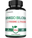 1000mg Ginkgo Biloba Doplňky s L- Tyrosin, L- Theanine - 120 Kapsle pro 2- měsíční dodávky - Podpora zaměření, Mermory funkce, zdraví mozku a kvality vidění