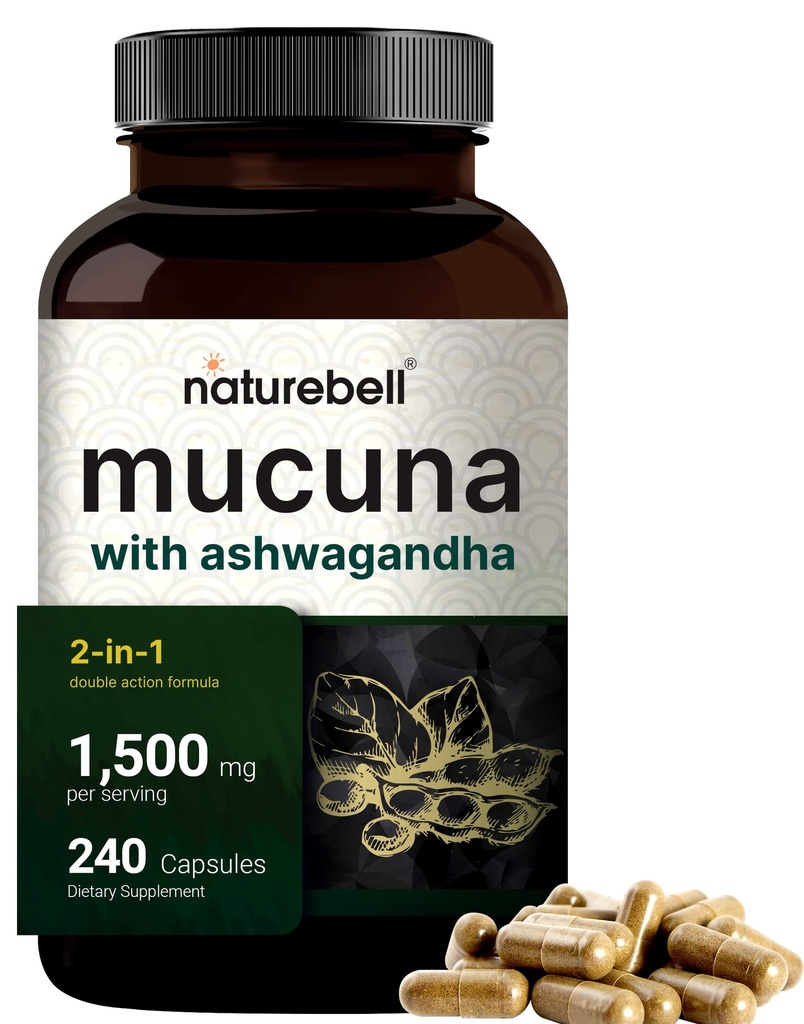 Mucuna Pruriens Kapsle, Triple Strength 1500mg Per Serving, 2 in 1 Formule, Made with Mucuna and Ashwagandha, 240 Kapsle, Potent Seed Extract, Pozitivní nálada, Relaxation & Restoration Support