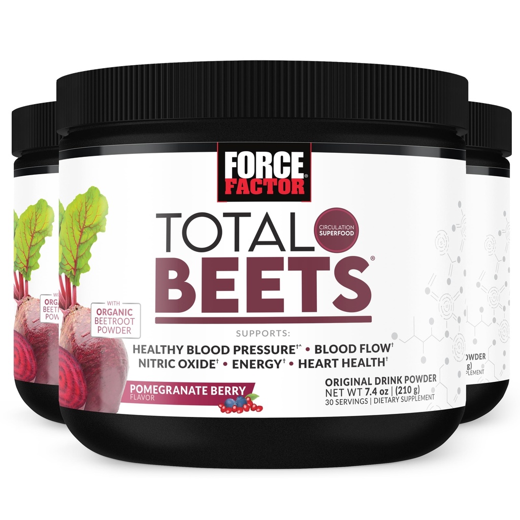 Force faktor Total Beets Drink Mix Superfood Powder with Nitrates to Support Circulation, Oxid dusičný, Energie, Vytrvalost, a Stamina, Kardiovaskulární srdeční zdraví dodatek, 90 Servings, 3-Pack