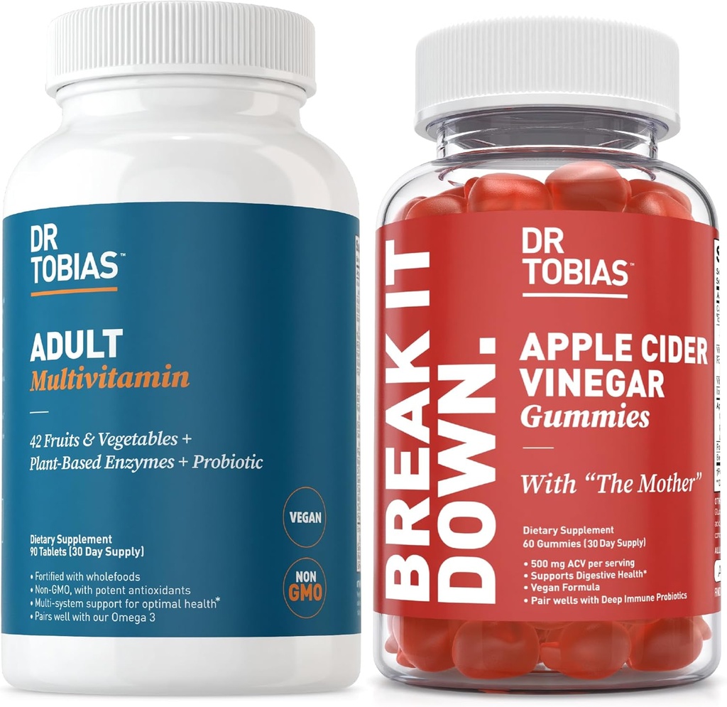 Dr. Tobias Dospělý Multivamin a jablečný mošt, podporuje energii, imunitu a Gut zdraví, s 42 ovoce & Zelenina Plus Probiotika, Cludes Matka, Folate, B12
