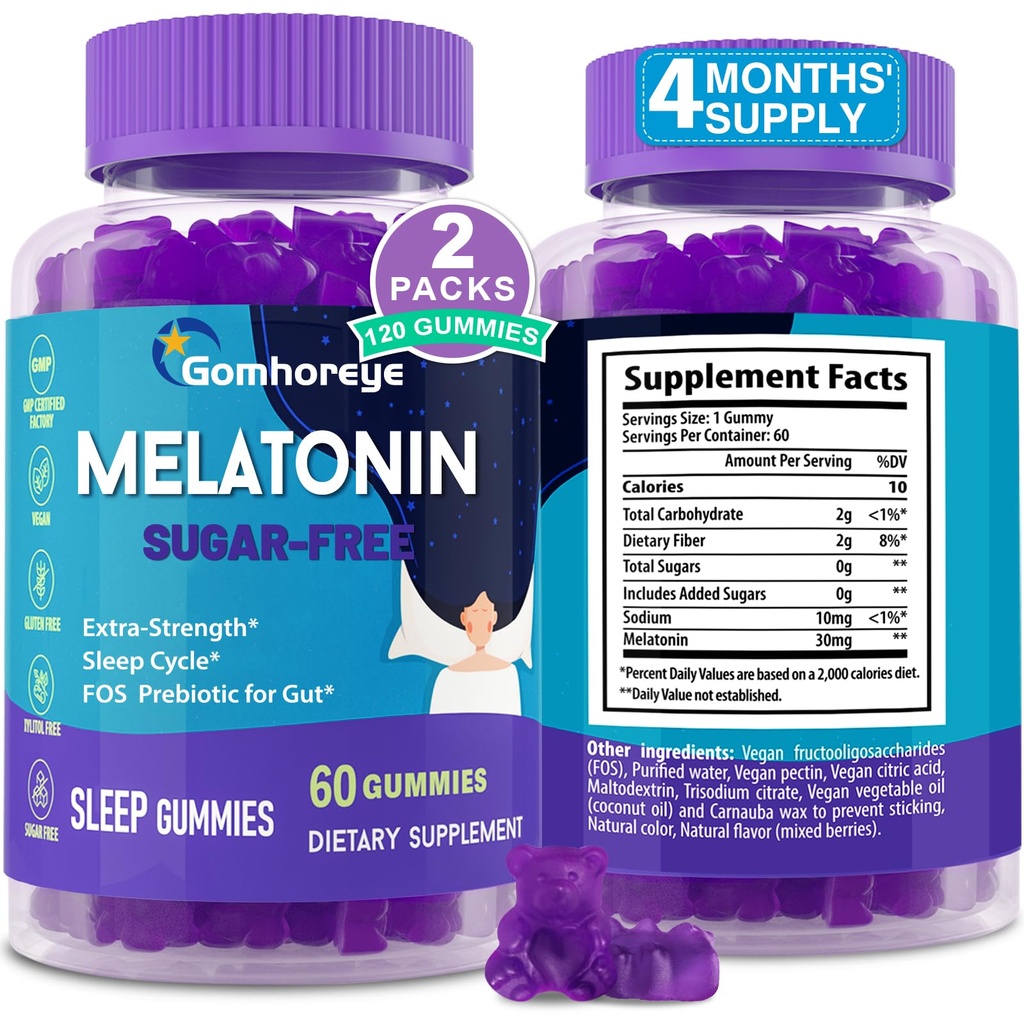 Melatonin Gummies 30mg pro dospělé - Maximální síla melatonin Gummies pro relaxaci a uklidnění, Exogenní melatonin dodatek s FOS pro imunitní, Gut zdraví a pH bilance, cukr zdarma -120