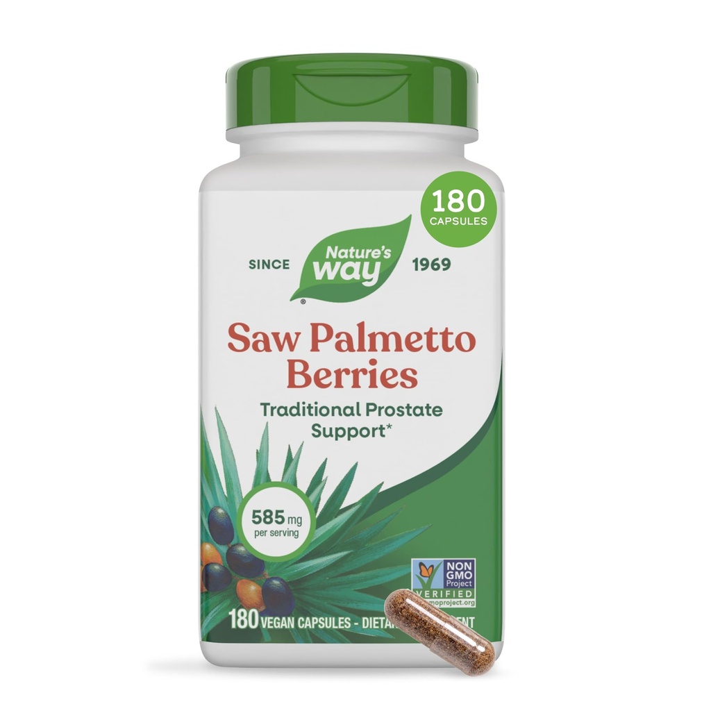 Nature 's Way Saw Palmetto Berries, Traditional Prostate Support *, 585 mg na porci, non-GMO projekt ověřený, Vegan, 180 Kapsle