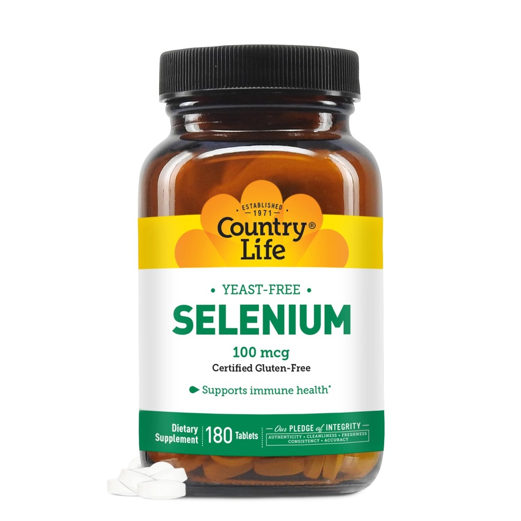 Country Life Selen, Yeast Free, Podporuje imunitní zdraví, 100 mcg, 180 tablet, gluten Free, Vegan, Halal