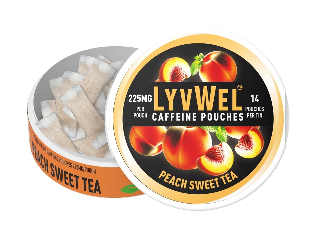 LyvWel Ultra Caffeine Pouch - Peach Sweet Tea - 225mg přírodní kofein s guaranou - Čistá energie pro focus & Mood - 1- Pack (15 Pouches)