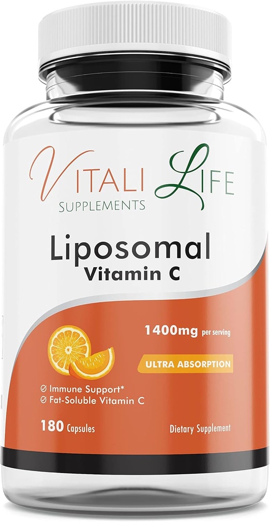 Vitalij Lipozomální vitamín C, 1400 mg, 180 Kapsle, Ultra vysoká absorpce z kyseliny askorbové, Výkonný antioxidant, Podpora imunitního systému, Kolagen Zvýšení pro zdraví pokožky