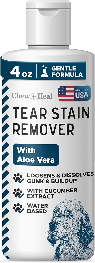 Chew + Heal Labs Pet Tear Stain Remover for Dogs - 4 oz Water- Based Dog Eye Wash & Cleaner - Rozpustí Gunk & Buildup - Aloe Vera & Cucumber Extract