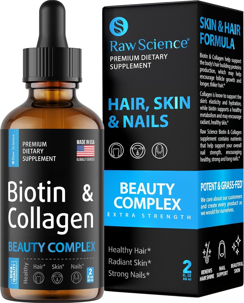 Tekutý kolagen a biotin doplňky pro růst vlasů - Biotin 10000mcg Kolagen Peptides 20000mcg Kapky - Vlasové vitamíny pro vypadávání vlasů pro ženy a muže, kůže a posílení nehtů - Made in USA, 2 floz