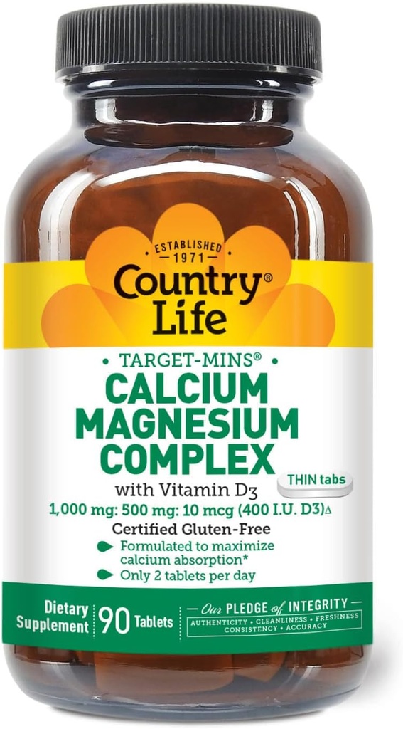 Country Life Target- Mins vápník hořčík s vitaminem D- komplex, 1000mg / 500mg / 10mcg, 90 Tablet, Certified gluten zdarma, Certified Vegetarian