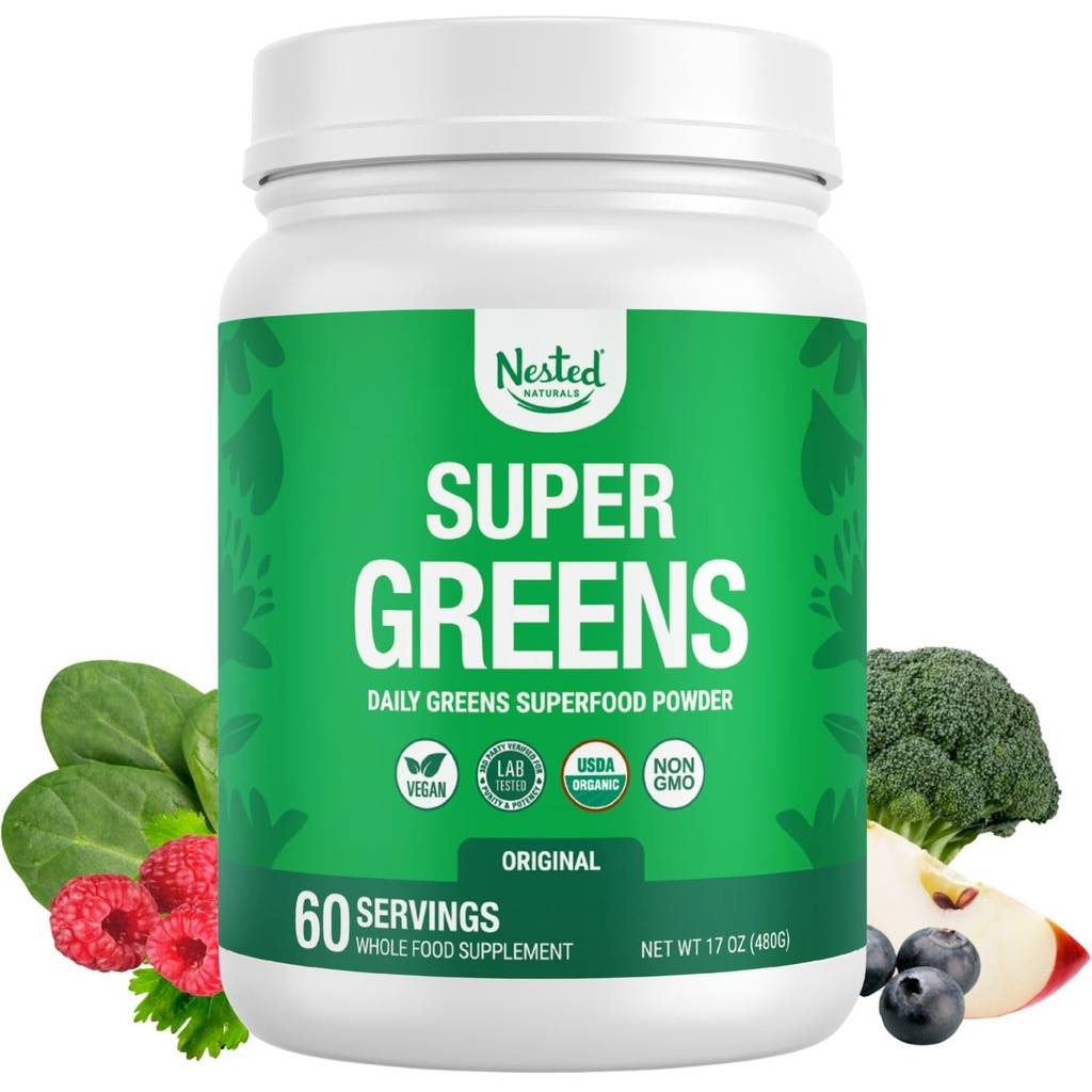 Nested Naturals Super Green Daily Superfood Powder - Certified USDA Organic Green Powder w / 20 + Whole Foods, Spirulina Powder, Wheat & Barley Grass - Probiotics, Fiber & Enzymes - Original Flavor, 60