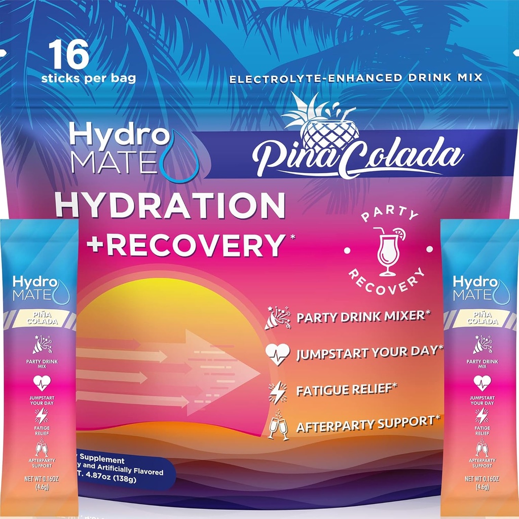 HydroMATE Electrolytes Powder Packets Ananas Hydratace Akcelerátor Nízký cukr Party Favority pro obnovu tropické Piña Colada 16 Sticks