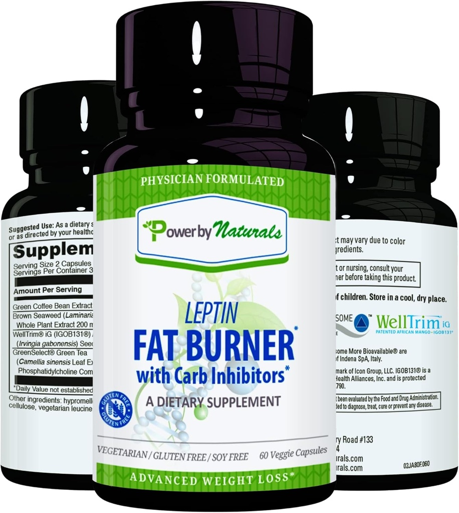 Power By Naturals: Leptin spalovač tuků s karbem Blocker - 60 gluten- Free Kapsle, Leptin hubnutí dietní pilulky, Efektivní spalovač tuků, Appetite Conpressant