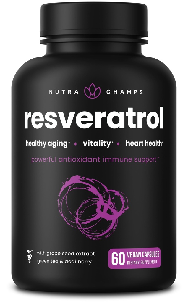 NutraChamps Resveratrol Dodatek, Extra Pevnost Formule pro zdravé stárnutí, Imunitní podpora, 60 Vegan Kapsle s Trans- Resveratrol, Green Tea Leaf, Acai Berry & Grape Seed Extract