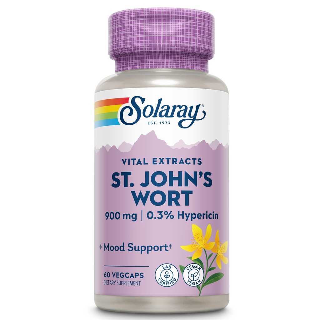 SOLARAY St. Johns Wort Aerial Extract 450mg Dva denně 124; Mood & Brain Health Support PHAR124; 0,3% Hypericin PHAR124; 60ct, 30 Serv.