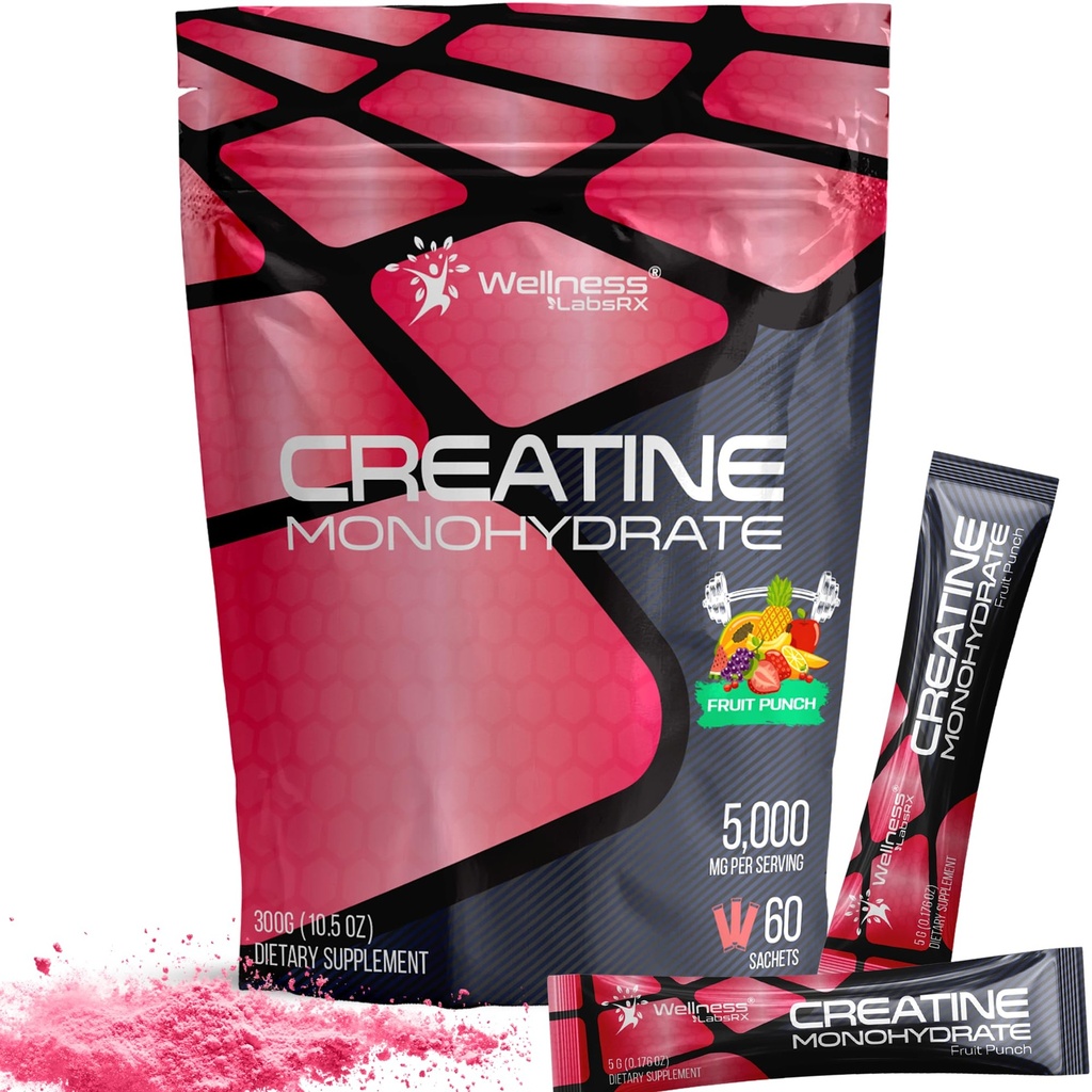 WELLNESS LABSRX Creatin Monohydrát prášek - 5000mg, ovocný punč Flavor - 60 sáčků - 300g