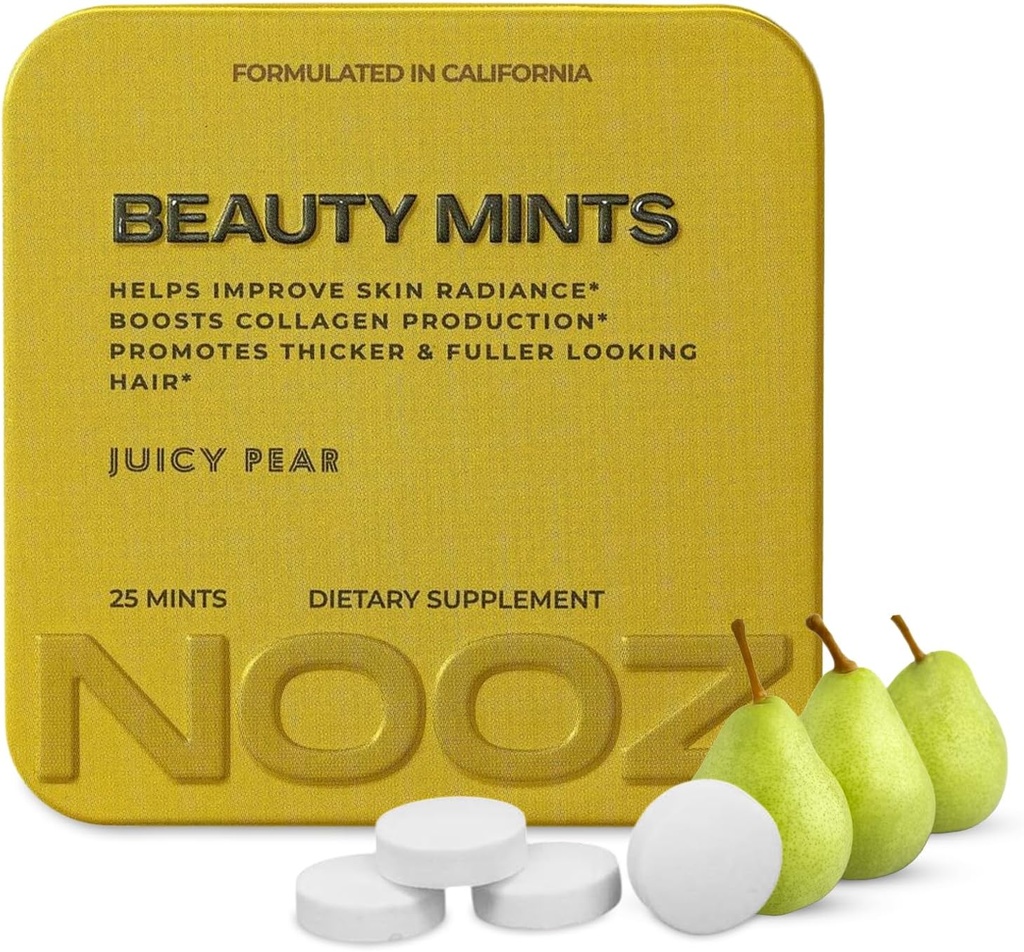 NOOZ Beauty Mints - Sugar- Free Biotin Mint pro zářivou pleť, zdravé vlasy a silné nehty - šťavnaté hrušky Flavor 124; Travel- Friendly dodatek s antioxidanty, vitamin C, B6 & B12 IR 124; Non- GMO, 25 Mints