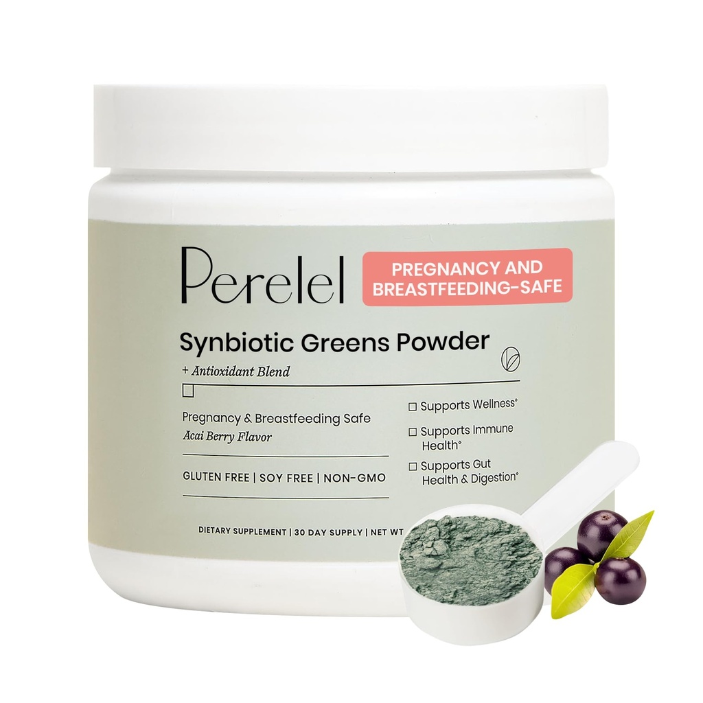 Perelel Synbiotic Green Powder, Superfood Směs s ovocem, Zelenina, Probiotika, Vláknina, Spirulina & Chlorella, Denní Zelenina dodatek, Soy & gluten zdarma, non GMO, Acai Berry Flavor, 30 Služení