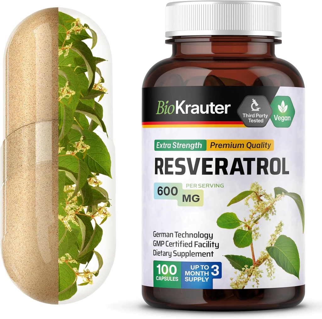 BIO KRAUTER Resveratrol Dodatek Kapsle 600 mg - 100 Počet - Přírodní antioxidant Zdroj - 98% čistý Trans Resveratrol Powder - Vegan
