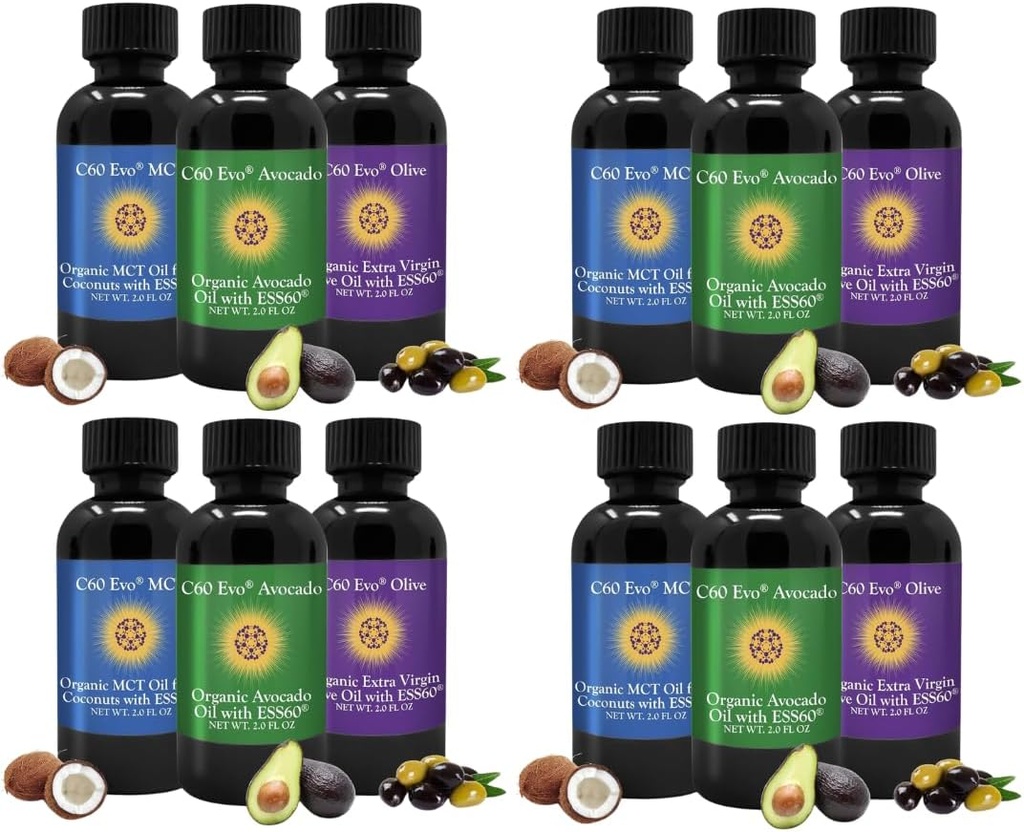 All- Natural Poživatelné oleje, Mini olej vzorek Sada s čistou C60 ESS60, Imunitní podpora a společná podpora Dodatek s olivovým olejem, Avocado Oil & MCT Kokosový olej, Sada 12, 2 Oz každý