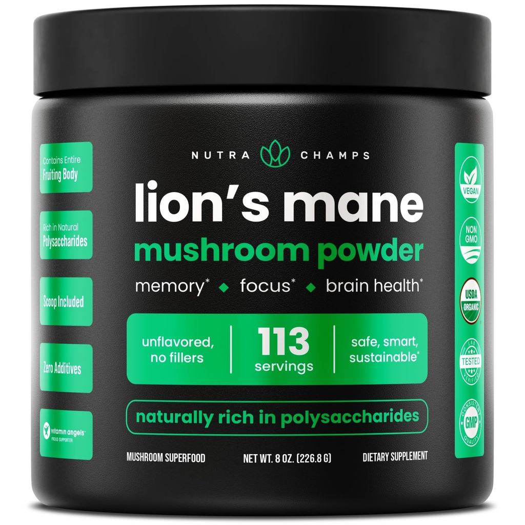 NutraChamps Organic Lions Mane Powder - 2000mg Výkonný nootropic pro paměť, Focus, Imunitní podpora - Vegan Lion 's Mane Mushroom Powder Supplement with Přirozeně Occurring Beta-Glucans - 8oz