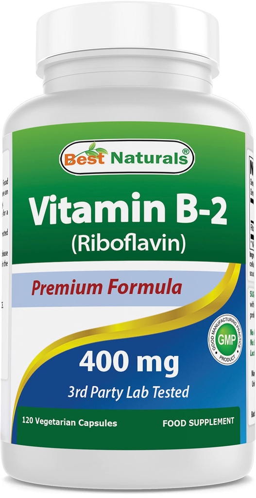Nejlepší Naturals Vitamin B2 (Riboflavin) 400mg - Migréna Relief - Veggie Kapsle - Conezyme Precursor - 120 Počet