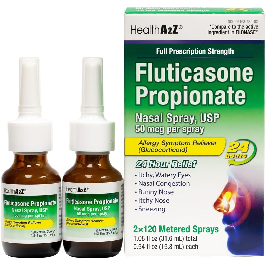 HealthA2Z ® Flutikason- propionát Nasal Sprays CLAS124; Allery Relief Spray CLAS124; Runny Nose CLAS124; Nasal Congestion CLAS124; Itchy Watery Eyes CLAS124; 24 Hour Alergy Relief CLAS124; (2 balení)