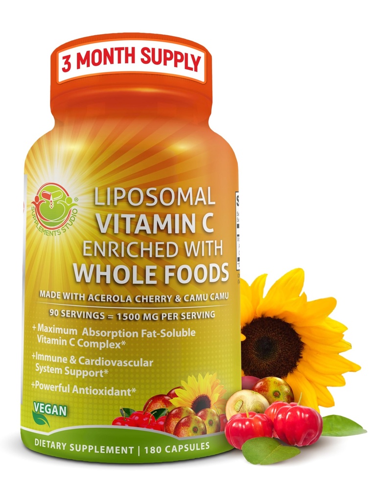 Lipozomální vitamín C Kapsle - 1500mg - Vyrobeno s organickou Acerolou Cherries & Camu Camu, High potency Vitamin C Liposomal - Doplněk pro imunitní podporu, zvýšená absorpce a biologická dostupnost - 180 Počet
