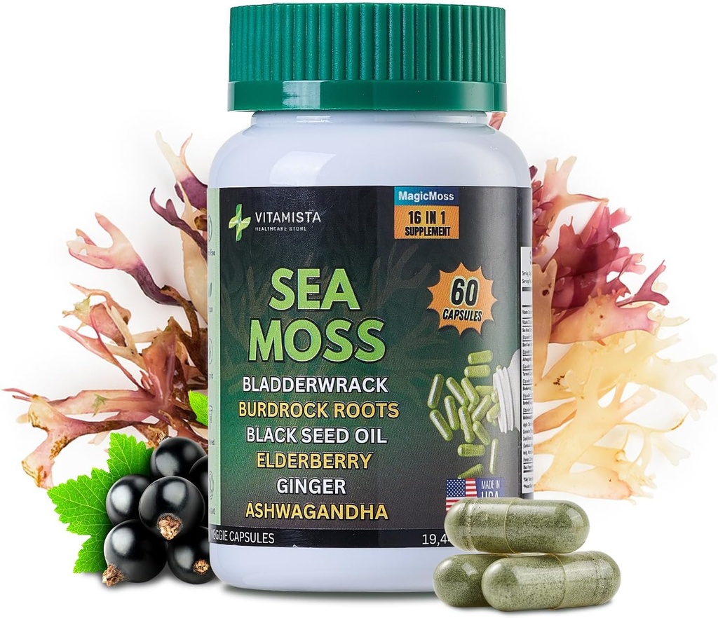 Mořské kapsle - 16-in-1 Moss dodatek s Bladderwrack, Burdock Root, Black Seed Oil, Ashwagandha - Imunitní podpora & Energy Booster - 60 Vegan Kapsle (19445mg)
