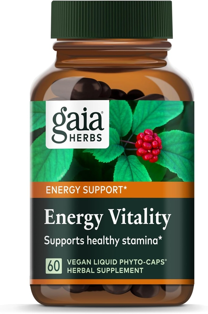 Gaia Herbs Energy Vitality - Energy Support Dodatek k udržení zdravé energie a stresu úrovně - s Ginkgo, ženšen, zelený čaj a kopřiva * - 60 Vegan tekuté fytokapsle (20- denní dodávka)