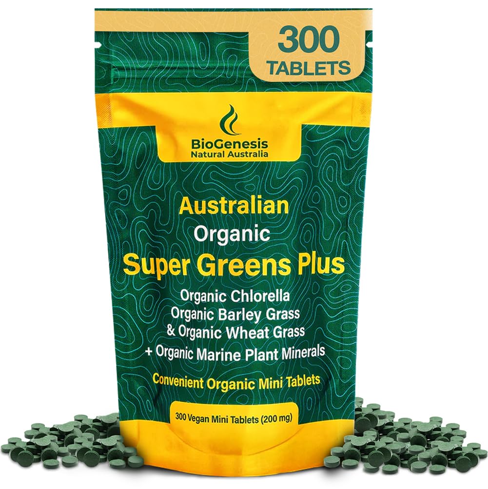 Biogenesis SuperGreens Plus tablety - 300 Počet (200 mg) 124; Neochucené 124; Organic Chlorella, Wheatgrass & Barley Grass 124; Australian Grown Rubber 124; Podporuje energii a imunitu 124; Vegan Mini Talets
