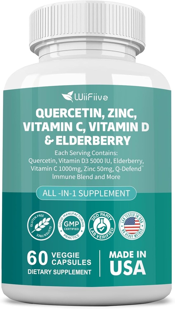 60 Count Quercetin 50 mg Zinek 1000 mg Vitamin C 5000 IU Vitamin D3 1000 mg Turmeric 1000 mg Elderberry s Q- Defend Imunicent Blend Reishi Nettle Arteemisinin, Non- GMO, Free Supports Health