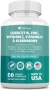 60 Count Quercetin 50 mg Zinek 1000 mg Vitamin C 5000 IU Vitamin D3 1000 mg Turmeric 1000 mg Elderberry s Q- Defend Imunicent Blend Reishi Nettle Arteemisinin, Non- GMO, Free Supports Health