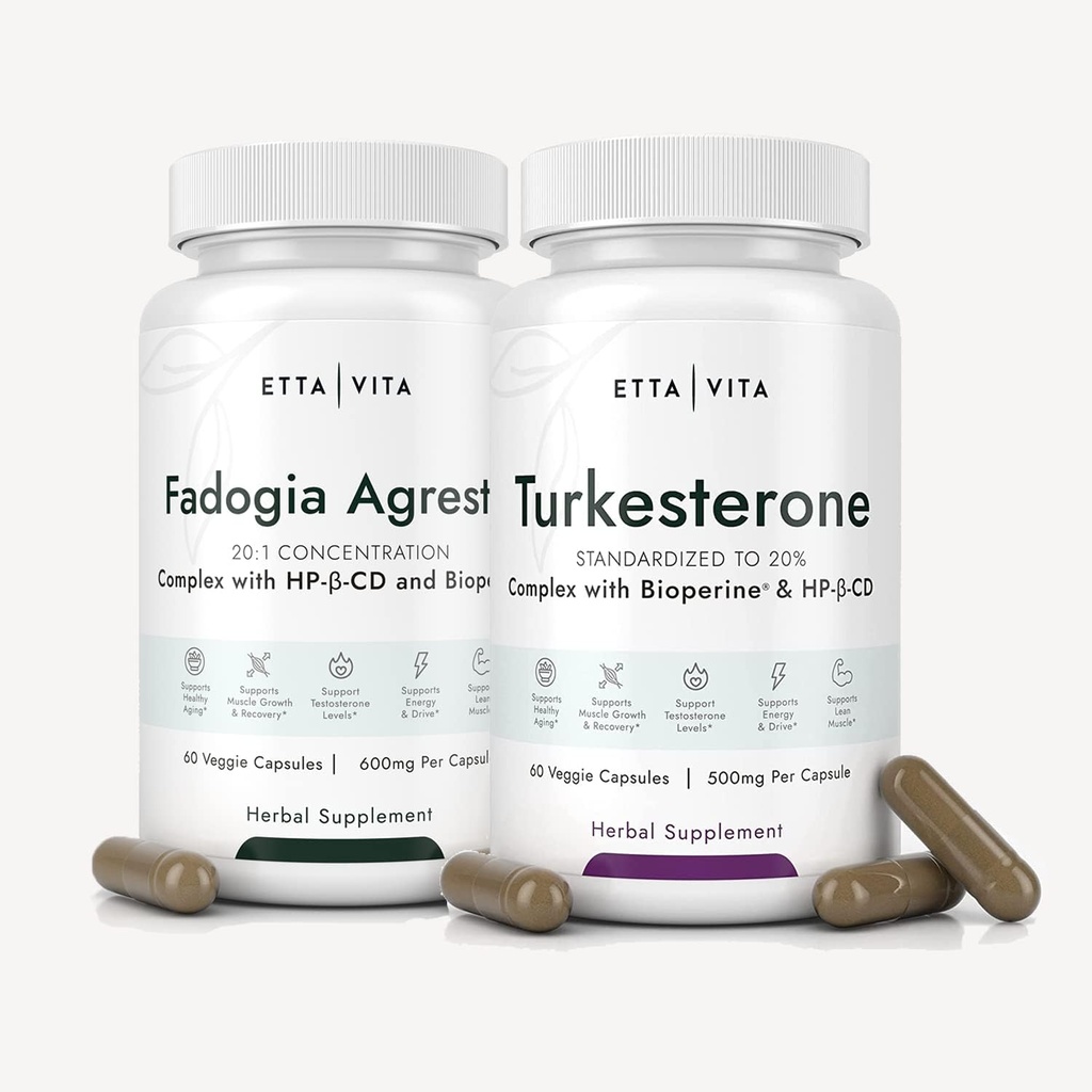 Fadogia Agrestis 600mg + Turkesteron 500mg Bundle (2X More Pure - 20% Std Extract) (3X Absorbency with BioPerine & Hydroxypropyl- Beta- Cyklodextrin) Podporuje zdravé svalové zotavení, Stamina - Vegan