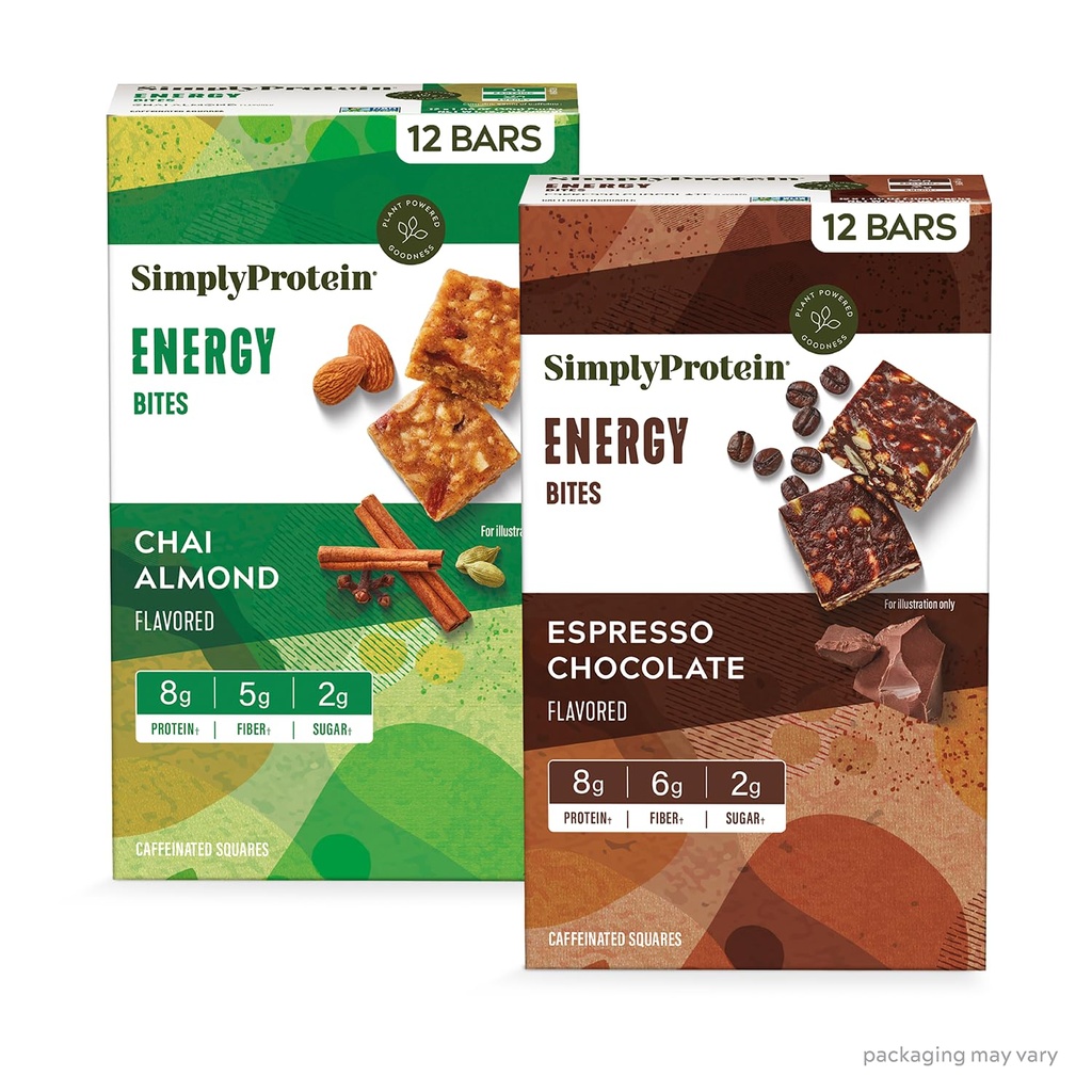 Jednoduchý protein - Energy Bites Variety Pack, 24 Bary - Plant Based Caffeinated Squares - 55mg kofein - Energy Boost - 8g Protein, 2g Cukr, 5-6g Fiber, 120-130 Calories - Vegan, gluten Free, Non GMO
