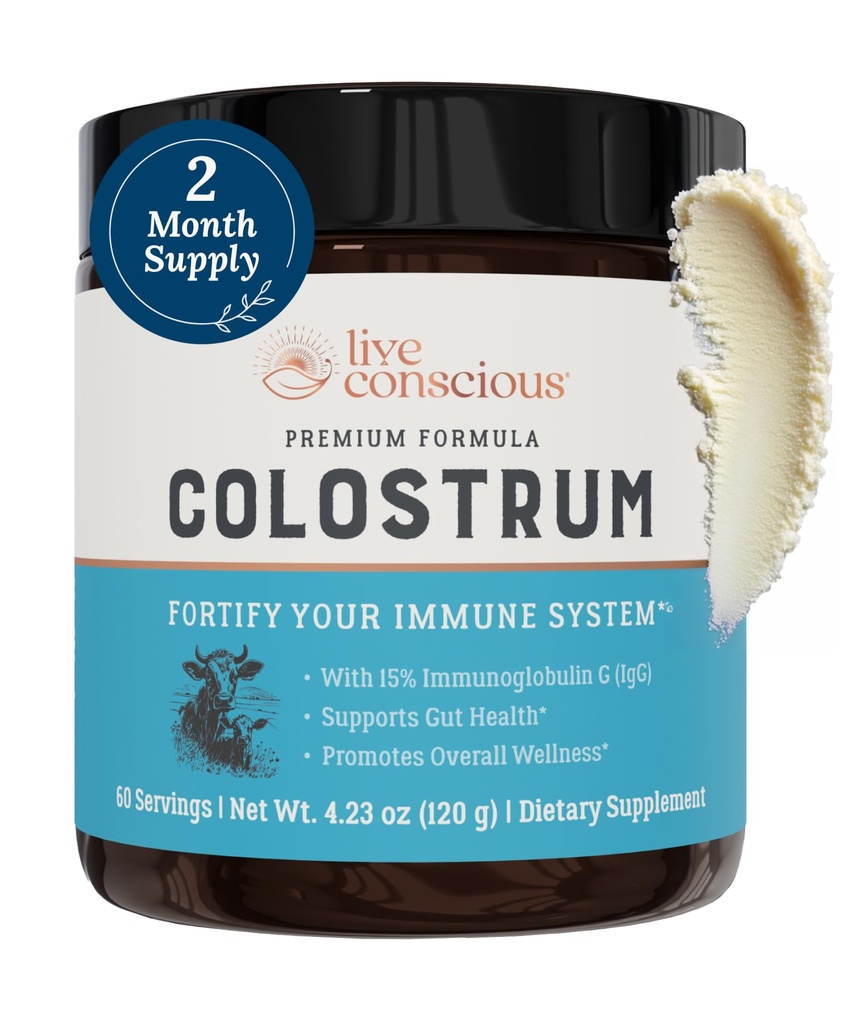 Live Conscious Colostrum Powder - Grass Fed Colostrum Supplement with Lactoferrin for Iron Absorption - Bovine Colostrum a Immunní System Supplement