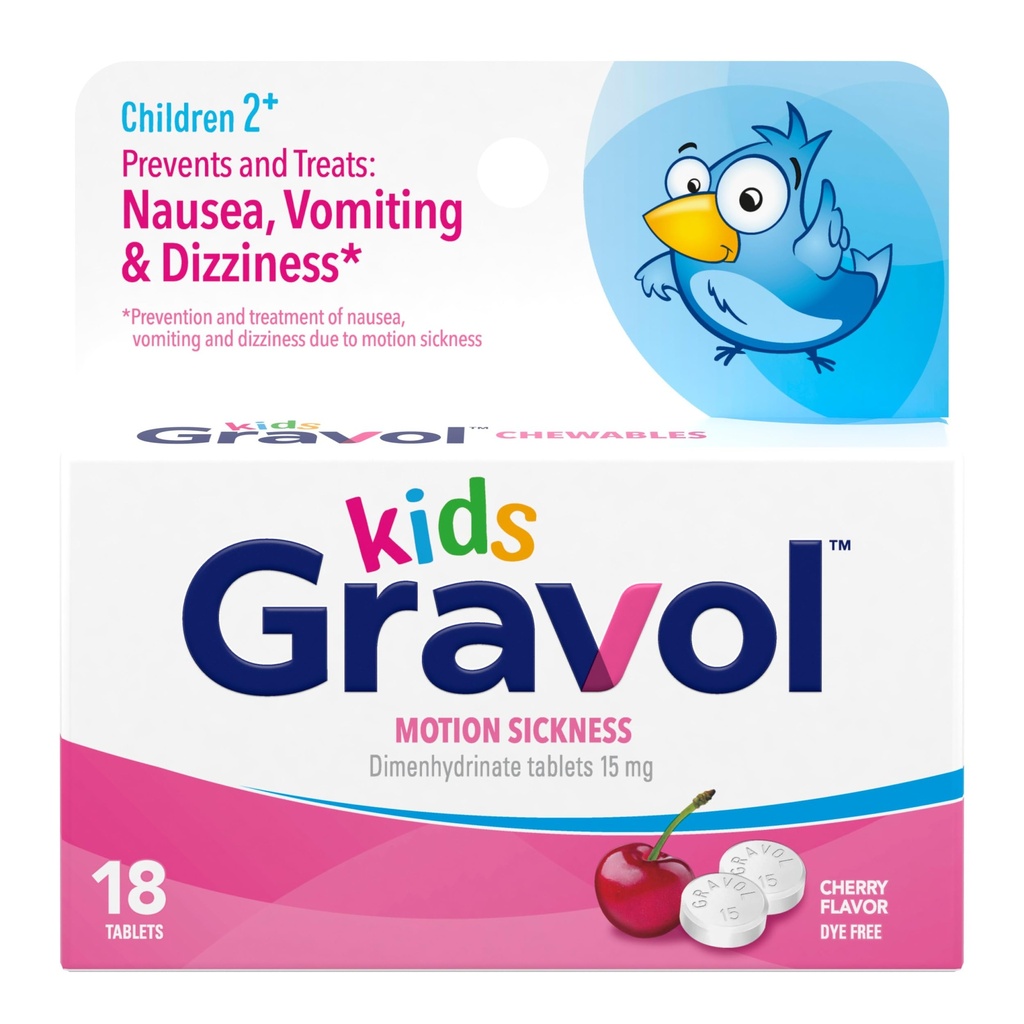 Gravol Děti Žvýkací tablety pro Nauseu, Upset Žaludeční a Motion Nevolnosti Relief, Barvy Free, Cherry Flavor, Věk 2 až 12, 18ct