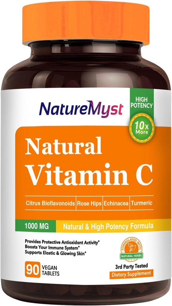 Vitamin C Tablet, 1000 mg, Přírodní forma, Vysoká potence, Citrus Bioflavonoidy, Rose Hip, Echinacea & Turmeric, Imunity & Skin Health, 90 Veganské tablety