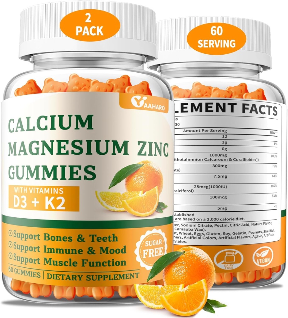 (2 Pack) Vápník hořčík zinkové gumy s vitamínem D3 & K2 - Cukr bez vápníku gumy pro ženy a muže - Kostní a imunitní podpora - Non- GMO, gluten- zdarma, Orange ochucené - 120 Počet
