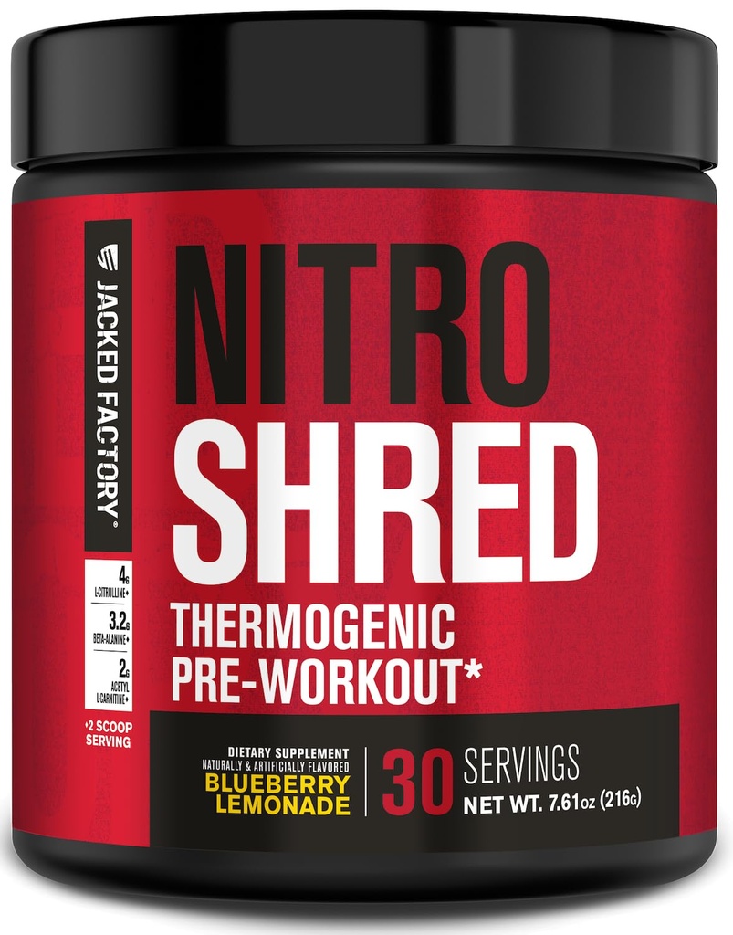 Jacked Factory NITROSURGE Shred Pre Workout Dodatek - Energy Booster, Instant Strength Gains, Sharp Focus, Výkonná čerpadla - Nitric Oxide Booster & PreWorkout Powder - 30Sv, Blueberry Lemonade