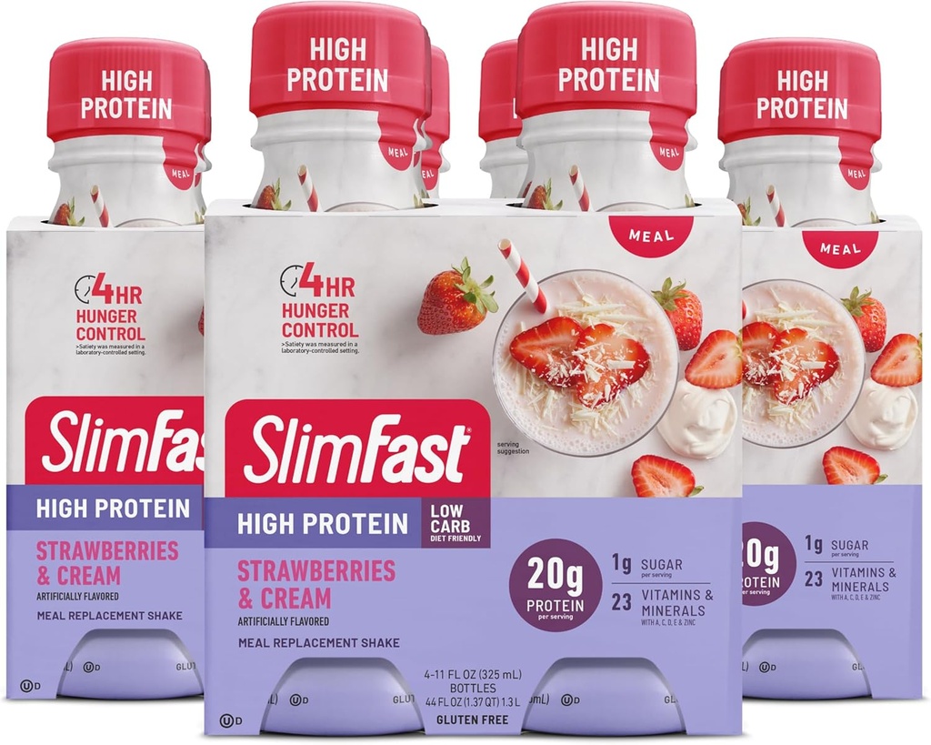 Štíhlý Pokročilý Nutriční jídlo Náhradní protein Shake - Připravený k pití, Pink, Jahody & Cream, 4 Lahvičky (balení po 3)