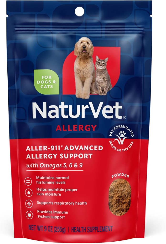 NaturVet Aler- 911 Advanced Alergics Aid Formule Powder Plus Antioxidanty pro psy a kočky, 9 oz Powder, Made in USA