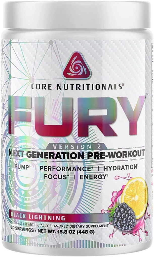 Core Nutritionals Fury V2: Předcvičení prášek k maximalizaci výkonu v tělocvičně W / Zum- XR ® Caffeine, L-CItruline, a Alpha GPC (40 Scoops) (Black Lightning)