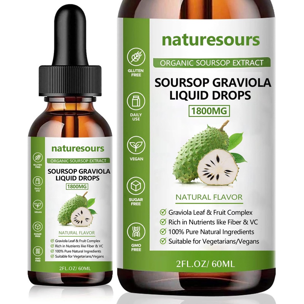 Naturesaurs 100% Pure Organic Soursop Extract, Soursop Graviola Liquid Drops 1800MG, Organic Pure Soursop Leave and Fruit Extract, Cukr / gluten Free, 2 FL.OZ (1)